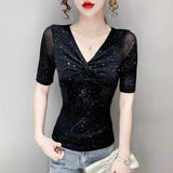 Patcute Short-sleeved Women Mesh T-shirt Summer Shiny bottoming top Casual Bright Silk Pleated Black Shirt blusa feminina