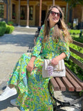 Patcute Paisley Print Shirt Dress Elegant Autumn Spring Green Dress Floral Print Boho Female Maxi Dress Long Sleeve Vestido 2024