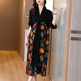 Patcute 2024 Summer Silk Printed Mulberry Silk Midi Dress Fall Retro Casual 5XL Plus Size Long Sleeve Dress Elegant Women Vestidos