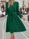 Patcute  New Autumn And Winter Women's Fashion Long Sleeved Small V-neck Strap Dress Women's Green Elegant Casual Waist Pulling Vestidos