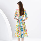 Patcute  Spring/Summer New Vintage Palace Style Turn-down Collar Waist Slim Mid Length A-line Printed Single Breasted Chiffon Dress