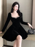 Patcute QWEEK Vintage Elegant Black Party Dresses Evening Retro Velvet Tepmweament Wrap Slim Mini Short Dress Square Collar