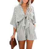 Patcute  Womens Sexy Strappy V-neck Romper Summer Loose Stripe Playsuit Ladies Fashion Holiday Pants Beach Lace Up Jumpsuit Ropa Mujer