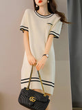 Patcute Knitted Sweater Women Dress Knee Length Loose Straight Elegant Metal Chain O Neck Short Sleeve Mini  Dress Casual Summer 2022