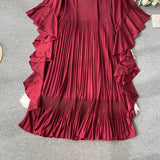 Patcute  Batwing Sleeve o-Neck Oversized Skirt Hem Chiffon Dress 2024 Spring New Women's Design Feeling Pleated Dress Trend Long Skirt