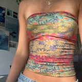 Patcute Summer Boho Bandeau Vest Cute Hiking Outfits Preppy Style Fitness Girl Strapless Tube Tops Graphic Print Off Shoulder Crop Tops