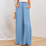 Patcute  Women's Solid Color Trousers Elastic Belt Wide Leg High Waist Long Culottes vetement femme