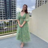 Patcute  Romantic Vintage Green Prom Dress Princess Puff Long Sleeve Floral Embroidery Women Evening Dress Cocktail Girls Birthday Outfit