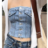 Patcute  Women Denim Strapless Bandeau Top Backless Bustier Cropped Jean Buttons Tube Tank Top Elastic Back Y2K Vintage Blouse Streetwear