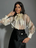 Patcute  Women Blouses Shirts 2023 Summer Chiffon See Throught Office Ladies Blouse Fashion Puff Sleeve Lace Up Shirts Tops Black