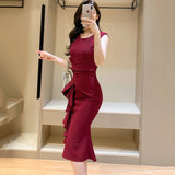 Patcute Summer New Fashion Korean Style Sleeveless White Dress Women Elegant Office Ladies Ruffle Solid O-neck Slim Fish Tail Long Dress