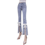 Patcute  Vintage  Summer Mom Jeans Bead Diamond Chain Bow Jeans Women's Elastic High Waist Flare Jeans Pants Women