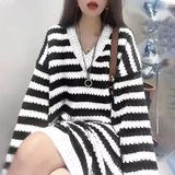 Patcute Spring Autumn New Hollow Stripe Knitted Skirt for Women's European Retro Mid Length Loose V-neck Long Sleeved Sweater Dress