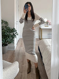 Patcute Stripe Bodycon Knitted Dresses For Women Long Knit Ribbed Black Striped Dress V Neck Elegant Maxi Dresses Women Long Sleeves