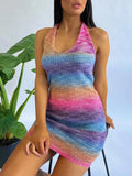 Patcute V-Neck Knitted Dress Tie-Dye Holiday Party Backless Beach Cover-Up Dress Bodycon Slim Sleeveless Summer Mini Sweater Dress