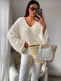 Patcute V-Neck Oversized Women's Sweater Long Sleeve Hollow Out Striped Knit Tops Winter 2024 Trend Casual Loose Pullover Sweaters