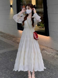 Patcute Spring and Autumn New Women's White Beach Dress Waist Pleated Holiday Long Sleeve Chiffon Dress