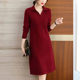 Patcute Elegant Lapel Loose Solid Color Knitted Ladies Dresses Women's Clothing 2023 Autumn Winter Oversized Office Lady Midi Dress