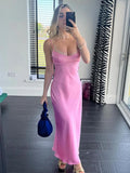 Patcute Pink Satin Long Party Dresses Women Elegant Sleeveless Spaghetti Straps Slip Holiday Fashion Maxi Dress Sexy Casual Summer