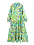 Patcute Paisley Print Shirt Dress Elegant Autumn Spring Green Dress Floral Print Boho Female Maxi Dress Long Sleeve Vestido 2024