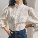 Patcute Vintage Floral Embroidery Lace Blouses Shirts Women Cotton Linen Lantern Sleeve White BLouse Shirt Tops Boho Blusas