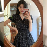 Patcute Floral One Pieces Korea Y2K Women's Dress Flower V Neck Sundress Puff Sleeve Backless Chiffon Dress Beach Mini Skirt Vacation