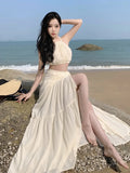 Patcute Summer Women Beach Two Piece Set Sexy Strap Short Tops & High Waist  One-Piece Lace Up Skirt Outfits Korean Fashion Clothing