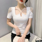 Patcute 2024 New Summer European Clothes T-Shirt Chic Sexy Hollow Out Shiny Shouldered Drill Collar Women Tops Short Sleeve Tees 42014