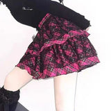 Patcute  High Waist Lace Plaid Contrast Color Patchwork Layering Jupe Japanese Harajuku Lolita Mujer Faldas Punk Subcultural Y2k Skirt