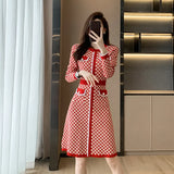 Patcute Vintage Pullover Knitted Sweater Knee Dresses for Women Korean Fashion Pockets O-Neck Plaid Red Dress Robe Femme Vestidos Autumn