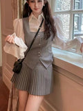 Patcute Sweet 3 Piece Set Women Flare Sleeve Shirt Square Collar Vest Pleated Mini Skirt Autumn Spring Solid Y2K Korean Chic Outfits New