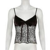 Patcute French women's sexy leopard print lace patchwork perspective bow mesh sling top