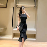 Patcute Summer New Fashion Korean Style Sleeveless White Dress Women Elegant Office Ladies Ruffle Solid O-neck Slim Fish Tail Long Dress