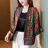 Patcute Spring/Summer New Silk Printed Bat Sleeves Wide Lady Short Coat Women's Satin Cardigan Mom's Sunscreen Shawl Jacket