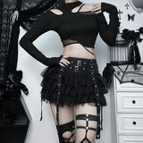 Patcute  Goth Dark Ruffles Mall Gothic Mesh Splice Mini Skirts Grunge Aesthetic Harajuku Buckle A-line Skirt Punk High Waist Alt Bottoms