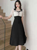 Patcute  2024 Black Patchwork Puff Sleeve Bow Ruffled Collar Midi Dress Women Korean Vintage Hepburn Robe Summer Elegant and Pretty Dress