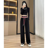 Patcute  Autumn Winter New Contrast Drawstring Straight Pants High Waist Loose Trend Corduroy Wide Leg Pants Casual Fashion Women Clothes