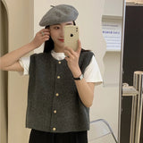 Patcute Knitting Vests Women Spring Autumn O-neck Solid Loose Buttons Slender Sleeveless Sweaters Simple Basic Daily Office Lady Stylish