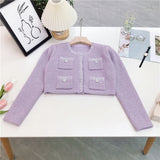 Patcute  Autumn New In Embellished Cropped Knit Pink Cardigan with Sequin Pleated A-Line High Waist Mini Skirt Set Short Jacket