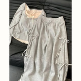 Patcute  Japanese-style spring wear a gray casual top female 2024 new bow design super sweet high waist slim wide-leg pants two-piece