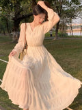 Patcute Spring and Autumn New Women's White Beach Dress Waist Pleated Holiday Long Sleeve Chiffon Dress