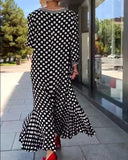 Patcute  Elegant polka dot print women dress  Spring summer 3/4 sleeve o-neck hem ruffle long maxi dress African casual clothes