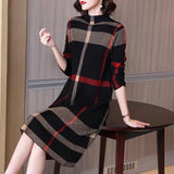 Patcute  Winter Women's Wool Knitted Dress Striped Half High Collar Vintage Fashion Thick Sweater Style Female Clothing