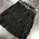 Patcute Women Skirt Fashion 2024 New Autumn High Waist Belt Multi Layer Short  Heavy Drilling Rhinestones Fringed Skirt with Cake A Line