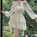 Patcute Elegant Luxury Dresses for Women Fairycore Casual Chiffon Dress Sweet Short Skirt Fashion Summer White Mini Dress Slim