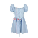 Patcute  Summer Blue Puff Sleeve Corset Dress Mini Elegant A Line Lace Up Holiday Party Dress Square Neck Women Dress