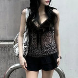 Patcute French women's sexy leopard print lace patchwork perspective bow mesh sling top