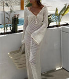 Patcute Sexy Women Long Knit Beach Dress Hollow-Out Deep V-Neck Long Sleeve Bikini Cover-Ups Dress Fall Backless Holiday Dress