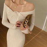 Patcute  Off Shoulder Knitted Dress For Women'S Autumn And Winter High-End Design, Unique Slim Fitting Temperament Dress