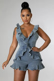 Patcute  V-Neck Ruffled Open Back Denim Jumpsuit Sexy Women Y2K Romper Sleeveless Summer Skinny V Neck Playsuit Streetwear Outfit